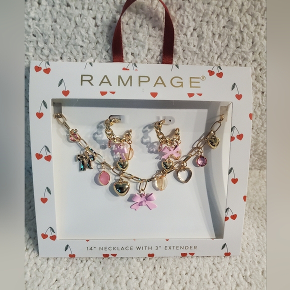 Rampage Pink Bows & Gold toned Charm Necklace & Earring Set - Picture 1 of 3
